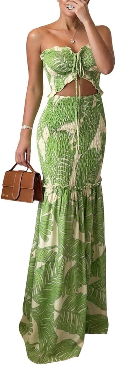 CHICME Floral Printed Prom Dress Tie Ruched Shirred Bandeau Party Dress Slim Fit Ruffle Hem Vacat... | Amazon (US)