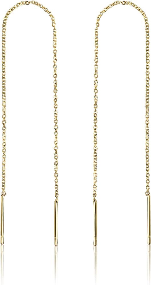 14k Gold Chain Earrings for Women, Gold Threader Earrings for Women | Double Piercing Earrings, |... | Amazon (US)