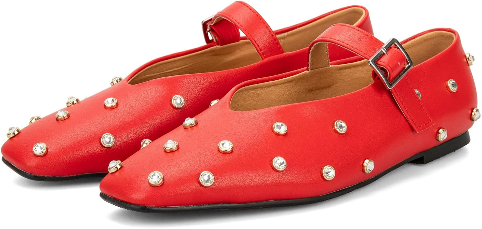 Goolita Rhinestone Ballet Flats for Women, Square Toe Low Heel Studded Flats Shoes Comfortable Bu... | Amazon (US)