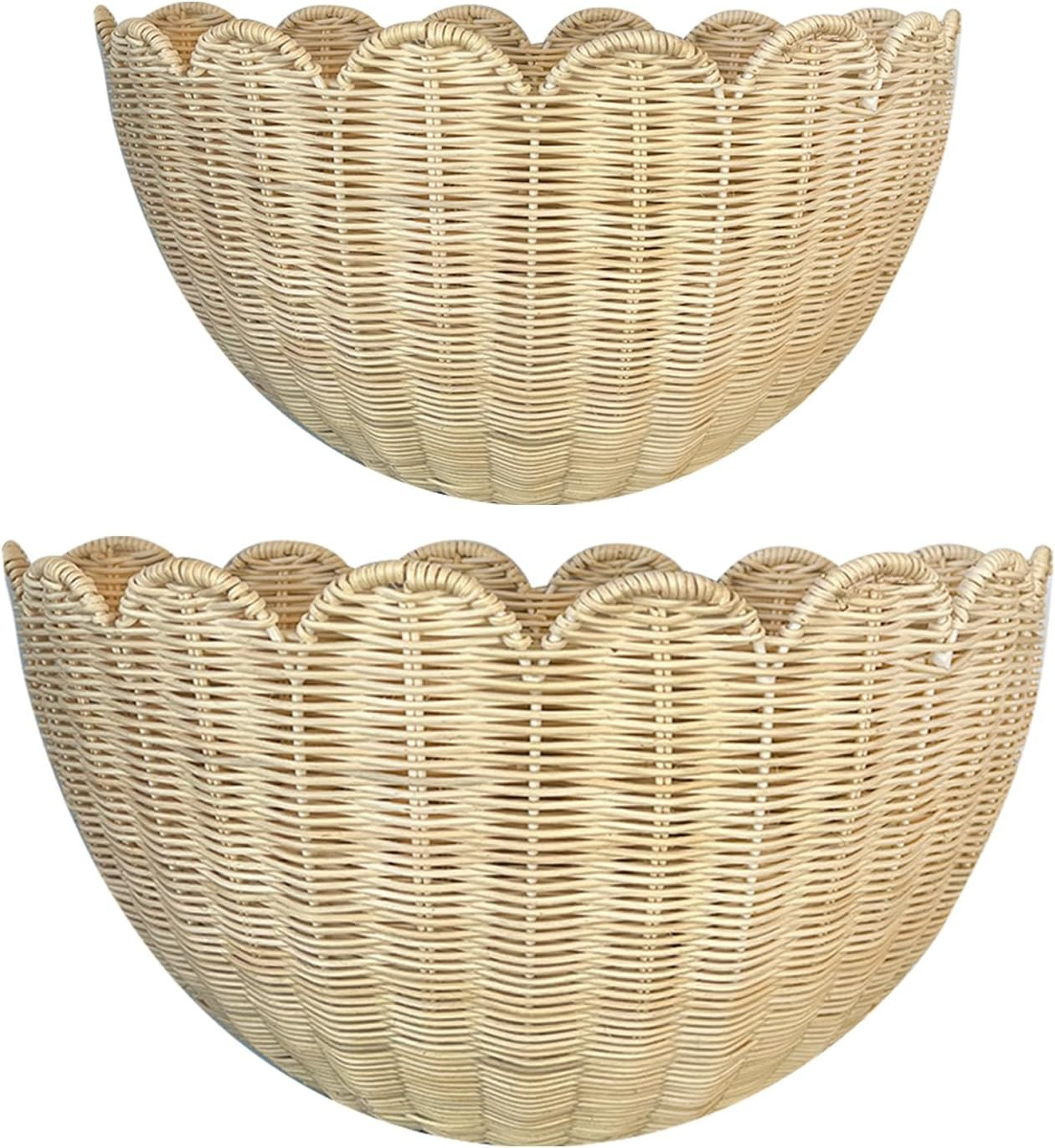 Scalloped Wall Basket, 2pcs Hand Woven Hanging Wicker Wall Baskets Set, Scalloped Rattan Wall Storage & Decor for Home, Bathroom, Kitchen, Living Room (16 x 12 x 7 & 14 x 8 x 6 Inch) | Amazon (US)