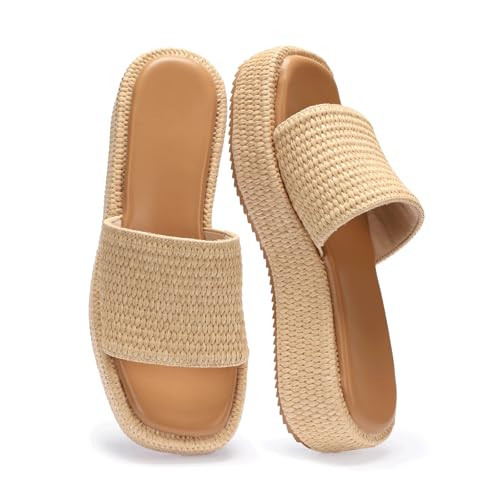 Monrovia Platform Sandals Women, Raffia Espadrille Wedge Slides, Comfortable Slip On Beach Sandals, Summer Vacation Shoes Tan Size 8 | Amazon (US)