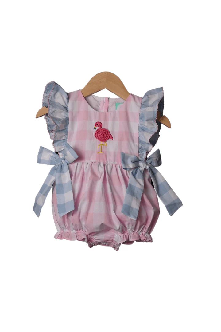 Pink and Blue Gingham Applique Flamingo Bow Bubble | The Smocked Flamingo