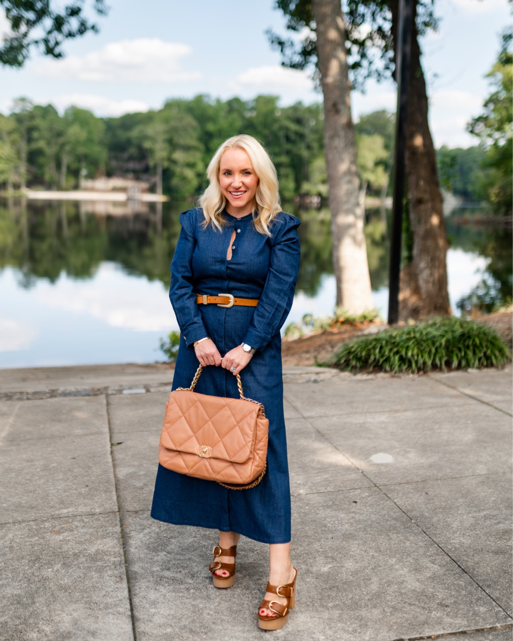 Tuckernuck denim dress. Tan suede belt. Size small dress. Chloe platform sandals. Tan platform sandals 

#LTKstyletip #LTKSeasonal #LTKshoecrush