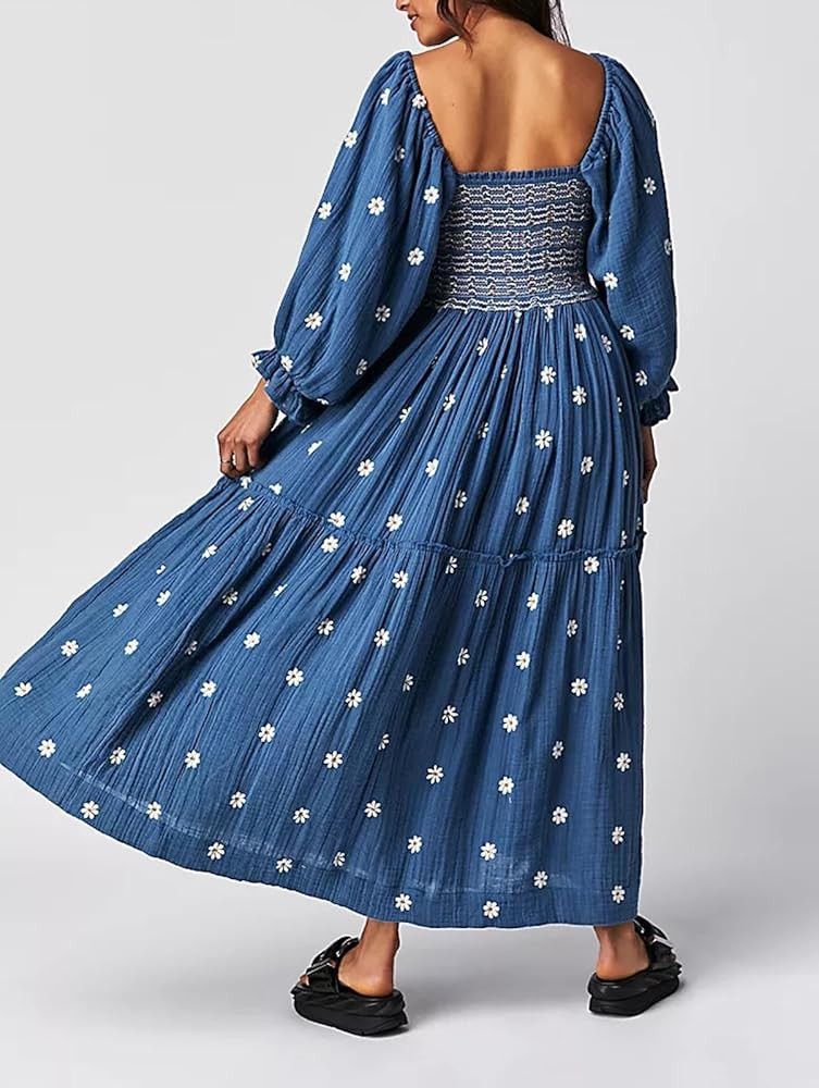 Women's Elastic Waist Flower Embroidered Maxi Dress Lantern Sleeve Square Neck Tiered Flowy Maxi Fal | Amazon (US)