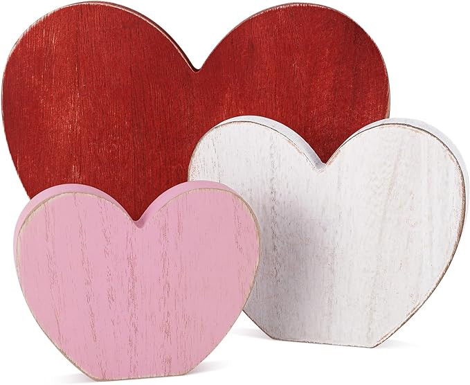 3 Pcs Valentine's Day Wooden Heart Signs Rustic Farmhouse Tabletop Centerpiece Red Pink White for... | Amazon (US)