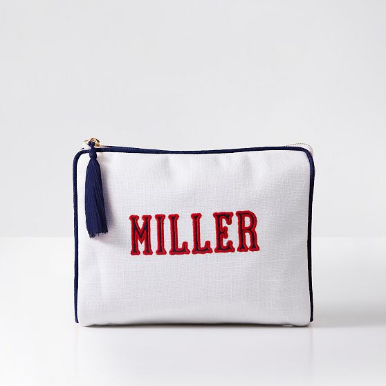 Bespoke Embroidered Cosmetics Pouch, Navy-Red, Alex Font Name | Mark and Graham