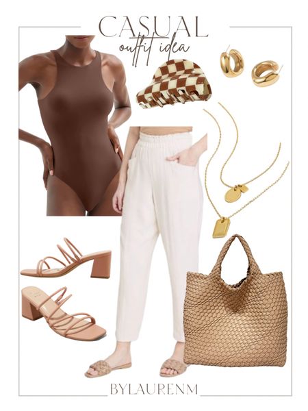Casual outfit idea. Vacation outfit. Summer outfit. Elastic waist pants. Pull on pants. Bodysuit. Heeled sandals. Woven tote bag. Layered necklaces. Chunky hoop earrings. 

#LTKunder50 #LTKunder100