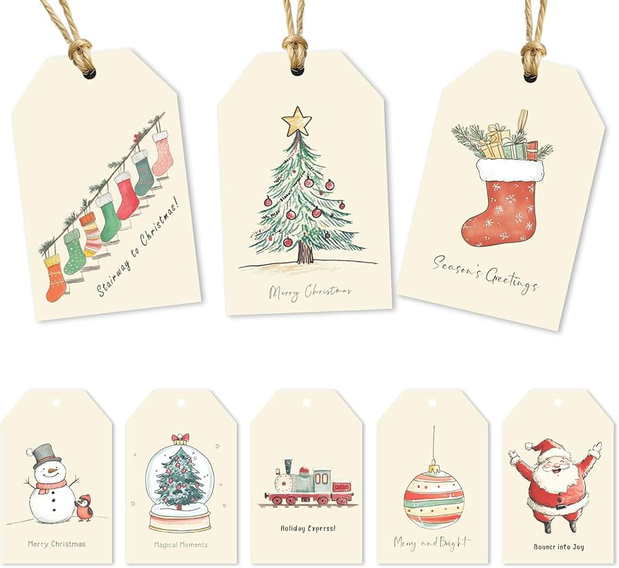 Christmas Gift Tags - 80 Watercolor Vintage Holiday Tags with String, 8 Illustrated Designs, 350g... | Amazon (US)