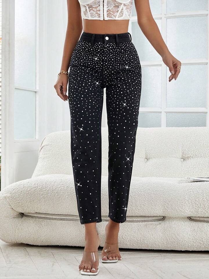 SHEIN Privé High Waist Rhinestone Detail Mom Fit Jeans | SHEIN