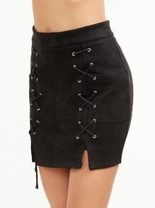 Black Suede Slit Lace Up Bodycon Skirt With Zipper | Romwe