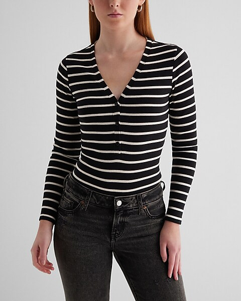Striped Fitted Ribbed V-Neck Henley Bodysuit | Express