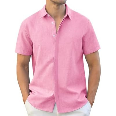 Rioofinx Men's Button-Down Shirts Wrinkle Free Short Sleeve Shirt Textured Linen-Look Ca… | Amazon (US)