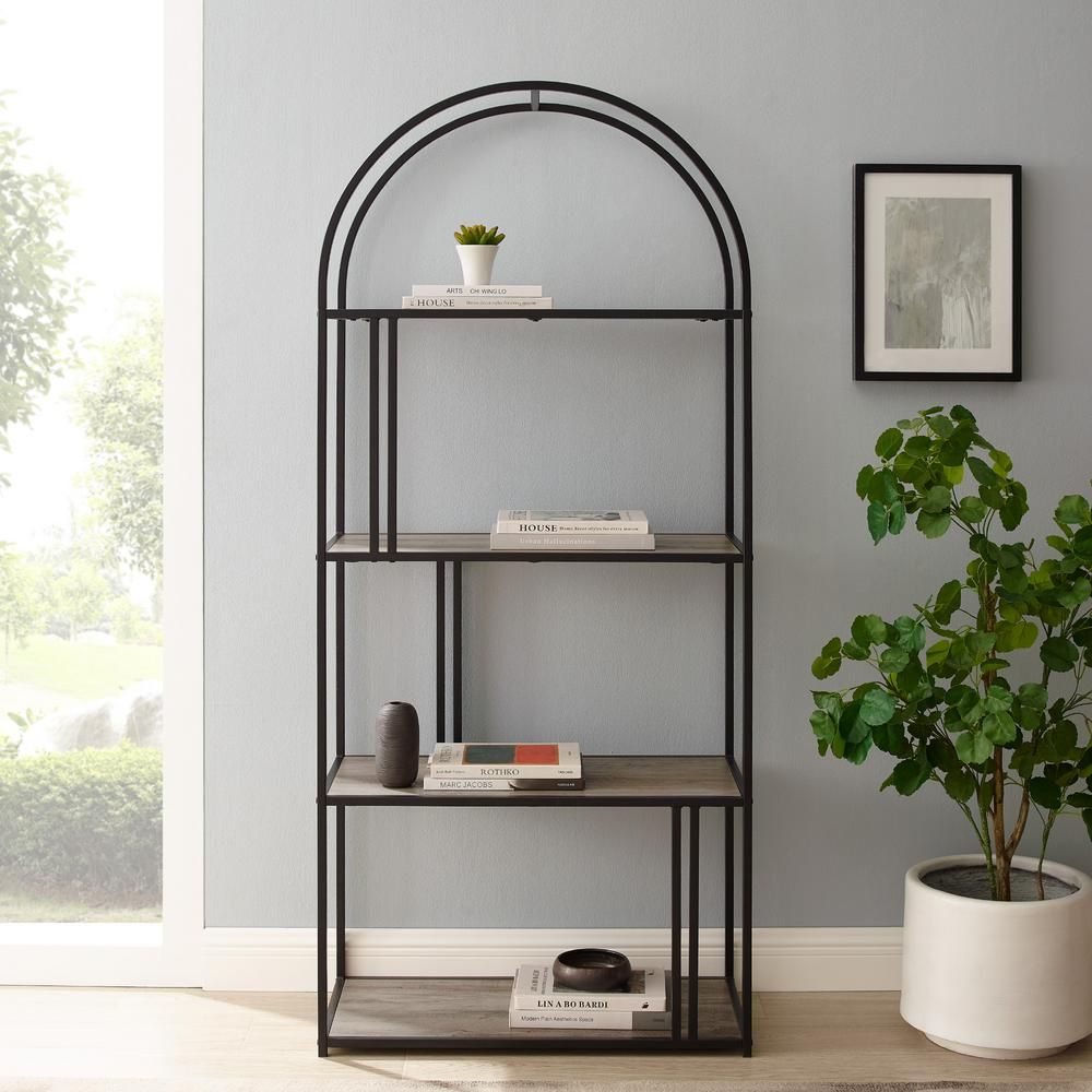 Welwick Designs 68 in. Grey Wash Wood and Metal Modern 4 -Shelf Arch Etagere Bookcase with Metal Acc | The Home Depot