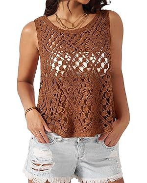 Floral Crochet Tops for Women Trendy Summer Boho Tops Sleeveless Tank Tops Loose Fit Crop Vacatio... | Amazon (US)