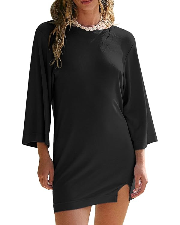 Womens 2025 Summer Mini Dress Round Neck 3/4 Sleeve Lightweight Elastic Casual Tshirt Dress for N... | Amazon (US)