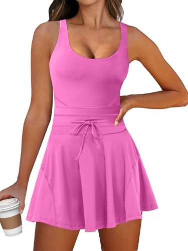 Caracilia Women's Tennis Mini Dresses Workout Built in Shorts Golf Athletic Sleeveless One Piece Summer Active Romper Dress Hot Pink Medium | Amazon (US)