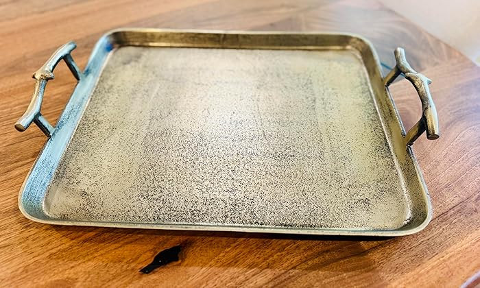 Handcrafted Gold Metal Serving Tray with Rustic Branch Handles – 18"x13" Decorative Aluminum Tr... | Amazon (US)