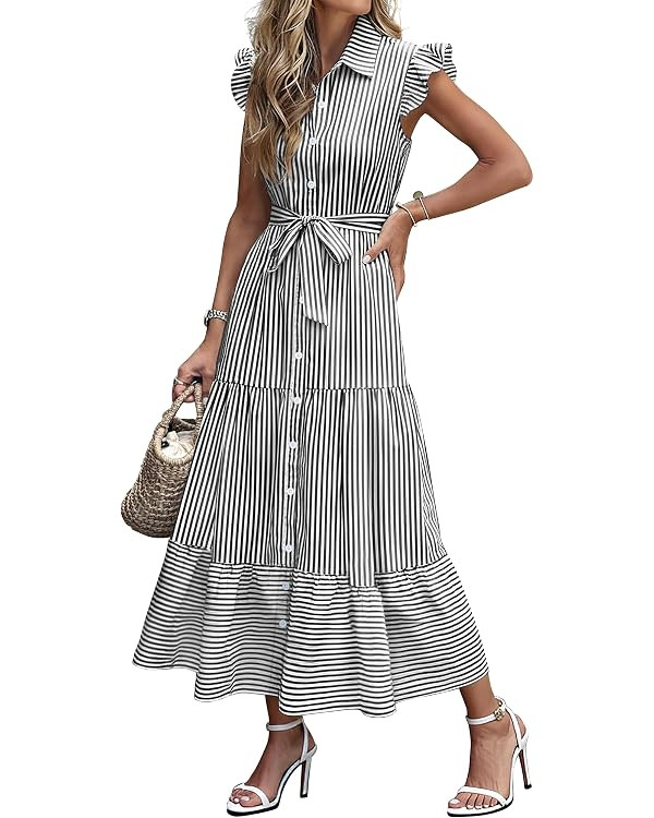 Caracilia Womens Summer Casual Ruffle Cap Sleeve Maxi Dress Button Down Striped Plaid Tie Waist V... | Amazon (US)