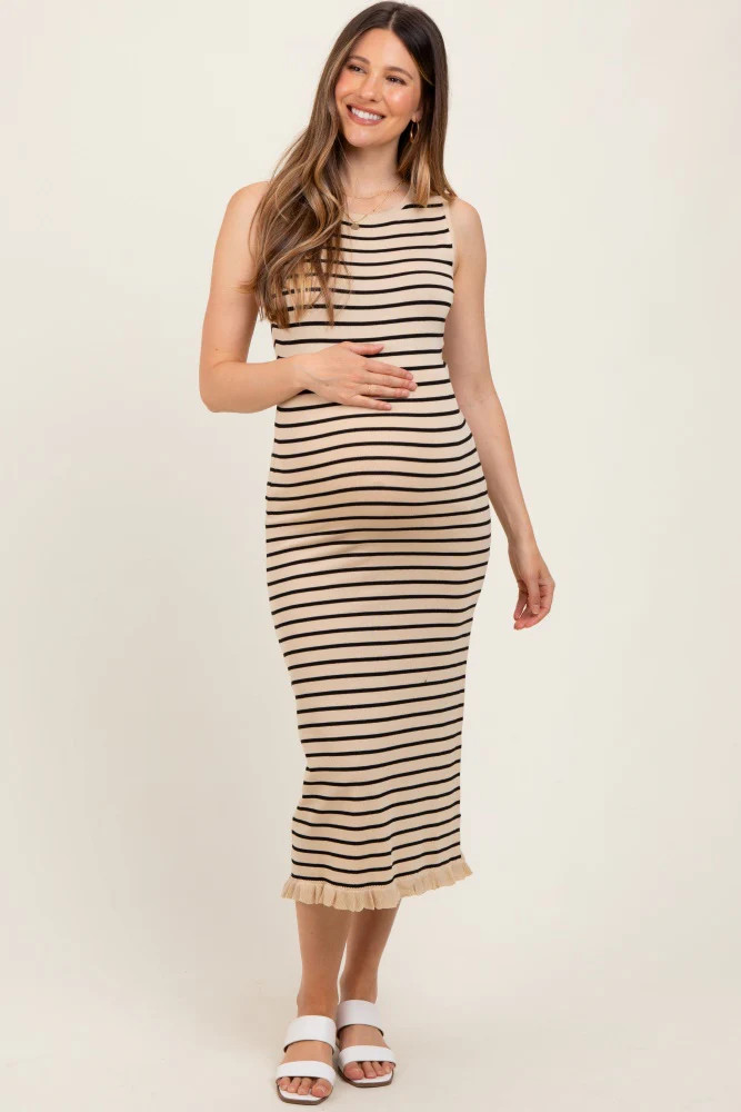 Beige Striped Knit Sleeveless Ruffle Hem Maternity Midi Dress | PinkBlush Maternity