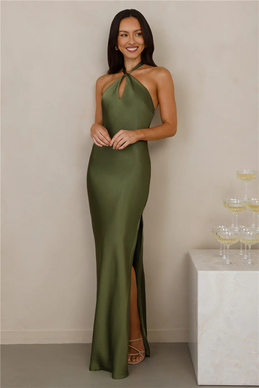 The Delilah Satin Halter Maxi Dress Olive | Hello Molly (US)