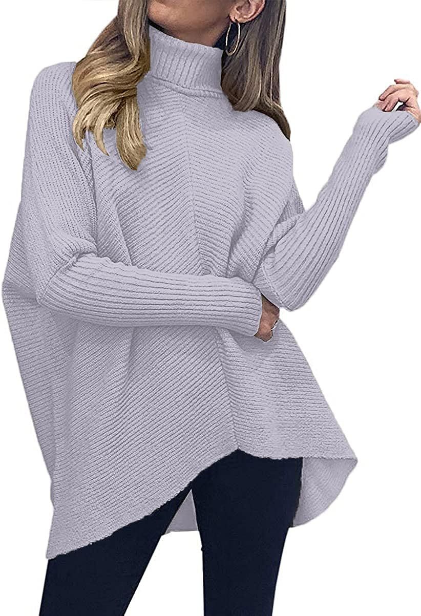 ANRABESS Womens Turtleneck Long Batwing Sleeve Asymmetric Hem Casual Pullover Sweater Knit Tops | Amazon (US)