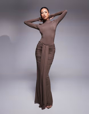 Wanderdoll Nara high neck body and maxi skirt co-ord in chocolate | ASOS (Global)