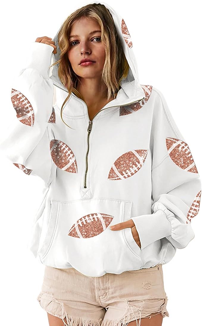 SeekMe Womens Game Day Sweatshirts Football Sequin Hoodies Tailgate Outfits Long Sleeve Zipper Sw... | Amazon (US)