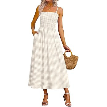 OFEEFAN Womens Spaghetti Strap Maxi Dresses Smocked with Pockets 2026 Summer Spring Casual Boho B... | Amazon (US)