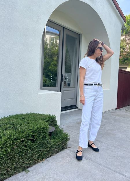 White on white, perfect white T-shirt, all white outfit, French girl aesthetic, French girl outfit, cool Mom style, cool mom outfit, over 40 style, 40 outfit, Mom uniform, Mary Jane flats, summer flats, ballet flats 

#LTKOver40 #LTKStyleTip #LTKParties