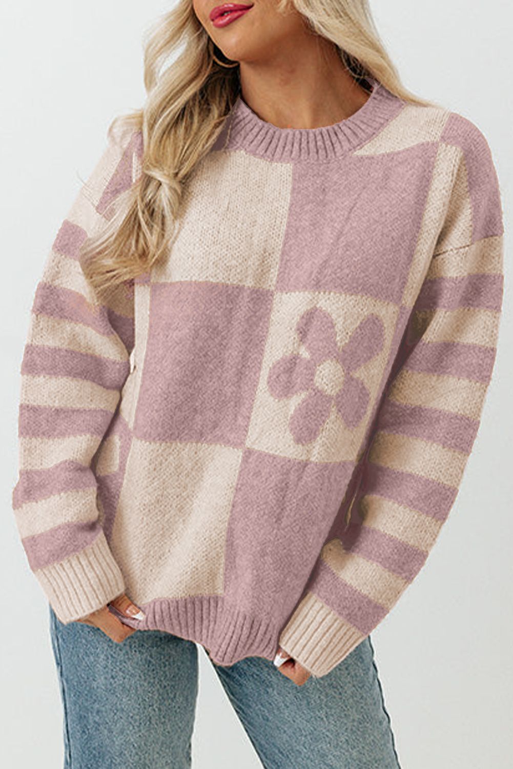 Striped Floral Decoration Round Neck Shift Casual Sweaters | Evaless