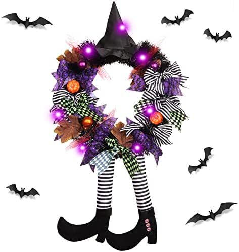 Halloween Wreaths for Front Door, 28 Inch Halloween Witch Wreath Door Decorations with Purple Lig... | Amazon (US)