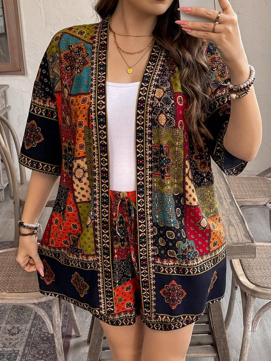 SHEIN LUNE Plus Size Women Placement Floral Short Sleeve Kimono Top And Shorts 2 Pieces Set, West... | SHEIN