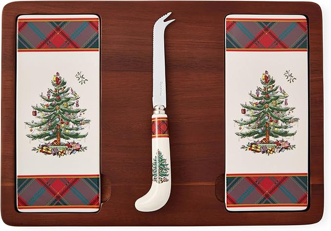 Spode Christmas Tree Cheese Board & Knife Set, Tartan Plaid - Holiday Entertaining, Charcuterie &... | Amazon (US)