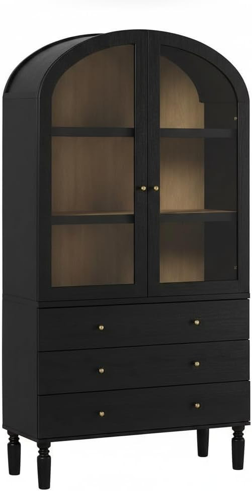 Walker Edison Darci Modern Arched Bookshelf Cabinet with Glass Doors and Lower Drawers, 74 Inch, Black | Amazon (US)