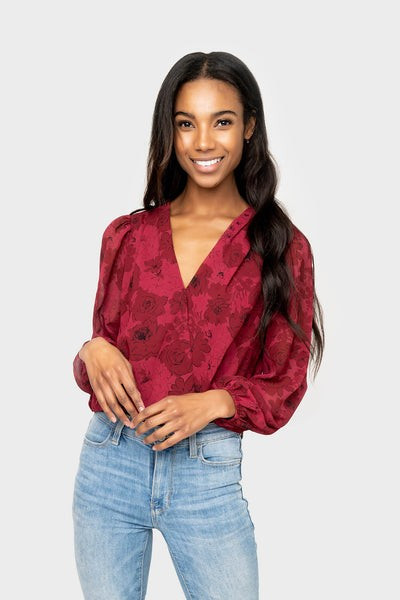 Erin Surplice Wrap Sheer Sleeve Bodysuit | Gibson