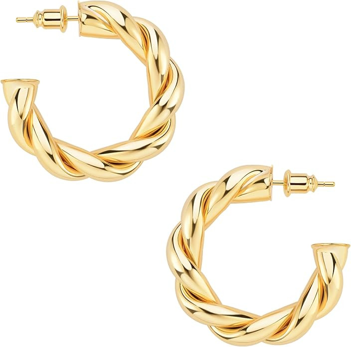 wowshow Gold Hoop Earrings, 14K Real Gold Plated Chunky Small Hoop Earrings for Women Lightweight... | Amazon (US)