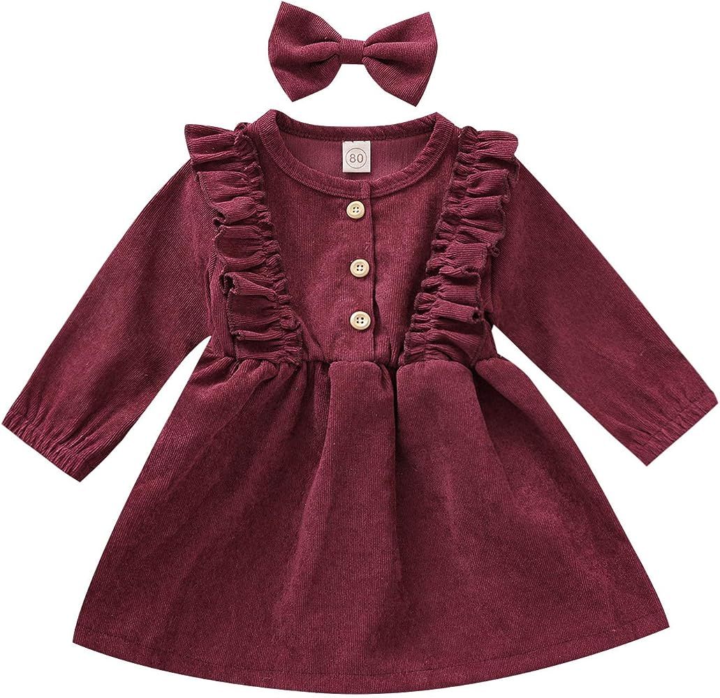Kids Toddler Baby Girl Fall Winter Dress Solid Ruffle Buttons Corduroy Dress Princess Party Skirt Ou | Amazon (US)