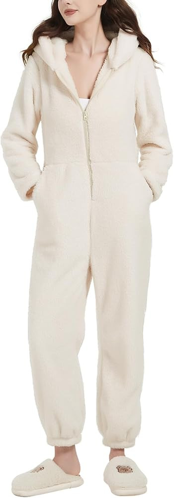 Flygo Womens Onesies Pajamas One Piece Hooded Adult Pajama Jumpsuit Winter Fuzzy Sleepwear | Amazon (US)