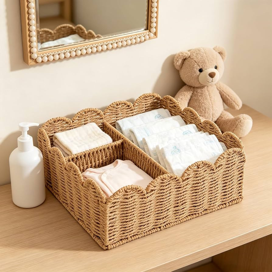 Rattan Divided Scalloped Basket,Wicker Diaper Caddy Scalloped Baske,Woven Natural Basket with 4 D... | Amazon (US)