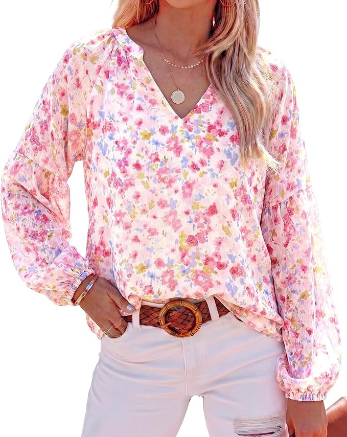 BTFBM Blouses for Women Dressy Casual Floral Summer Boho Tops V Neck Lightweight Long Sleeve Shir... | Amazon (US)