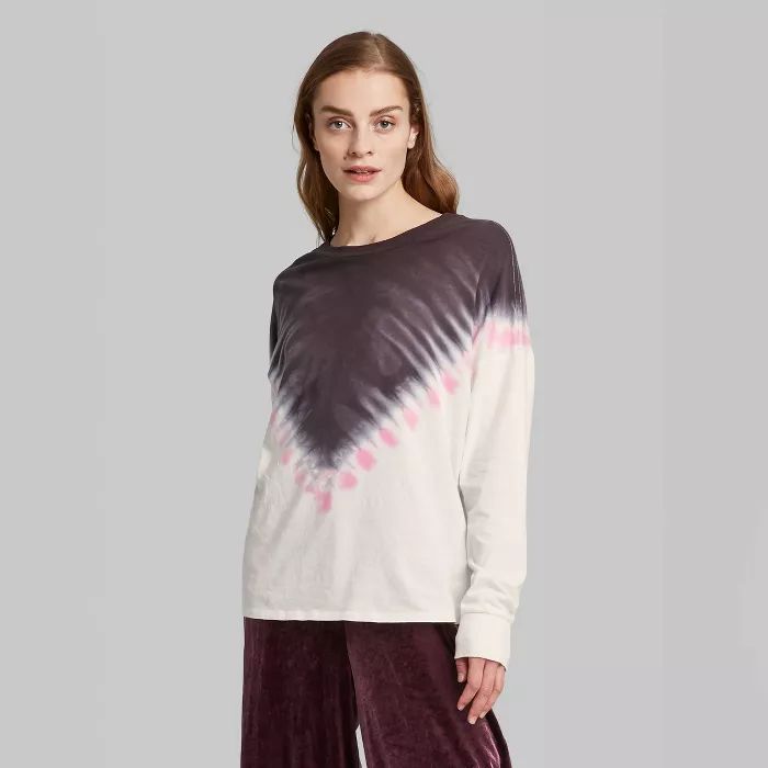 Women's Long Sleeve Crewneck Tie-Dye T-Shirt - Wild Fable™ Cream/Pink | Target
