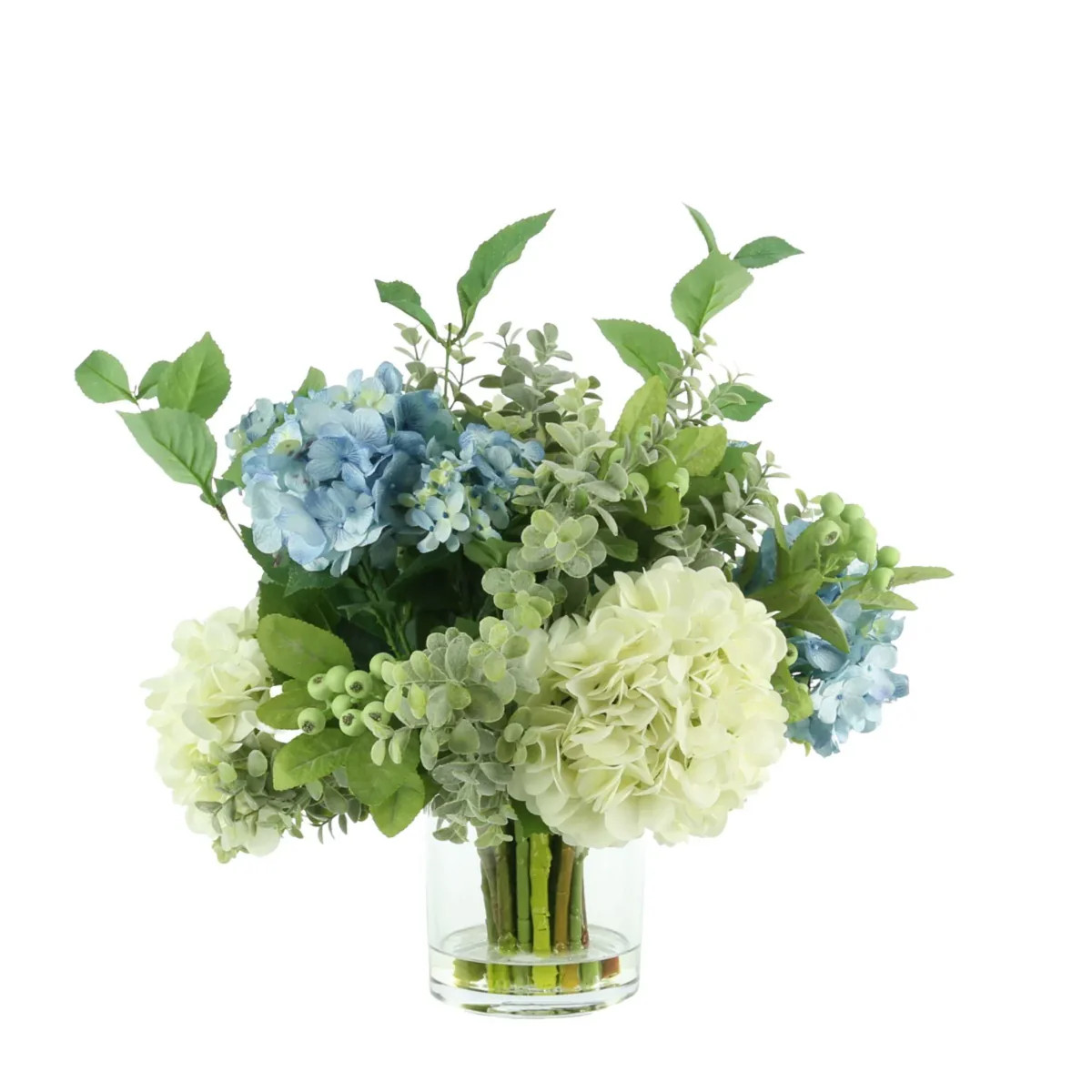 Faux Blue, White & Green Hydrangeas, Berries and Eucalyptus in a Glass | The Well Appointed House, LLC