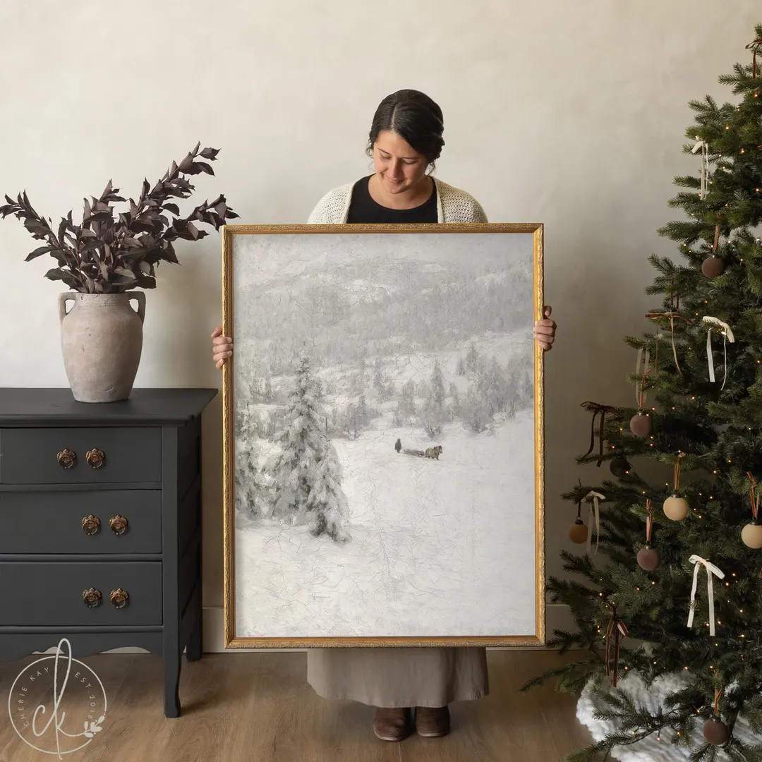 Vintage Christmas Wall Decor | Framed Snowy Landscape Painting | Holiday Home Wall Art | N220 - E... | Etsy (US)
