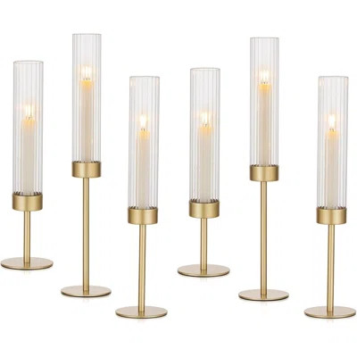 Set of 6 Gold Hurricane Candlestick Holders – Brass Tall Taper Candle Stands for Wedding, Party, Christmas Table Centerpiece Decor | Wayfair North America
