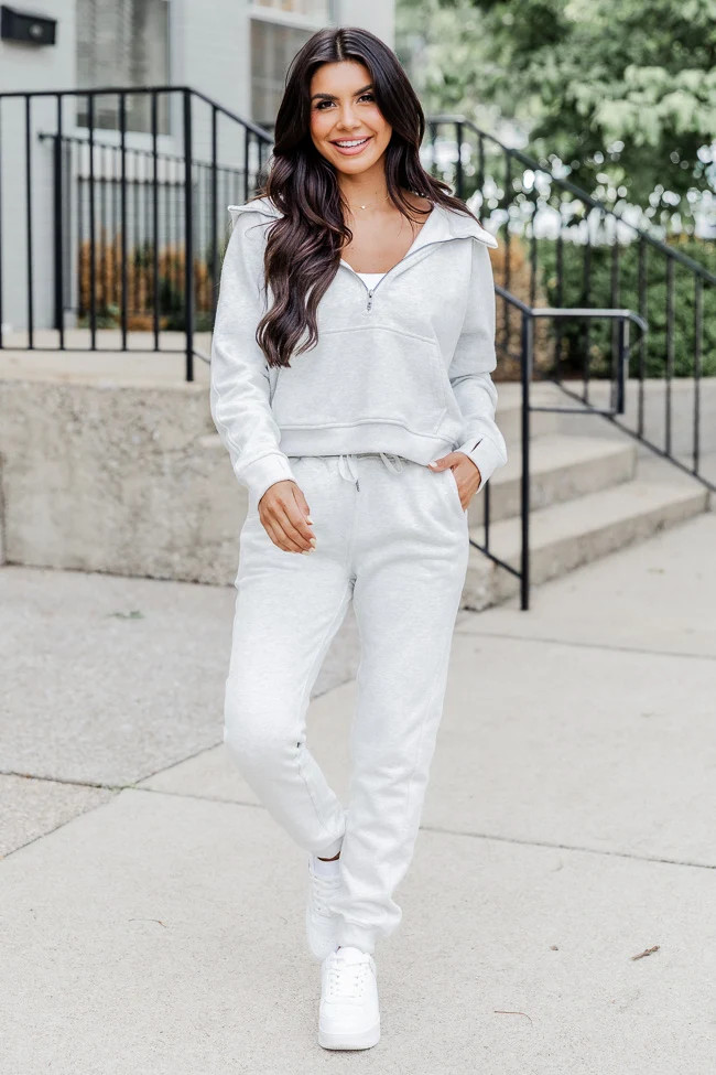 Making It Look Easy Grey Ribbed Shoulder Quarter Zip Pullover | Pink Lily