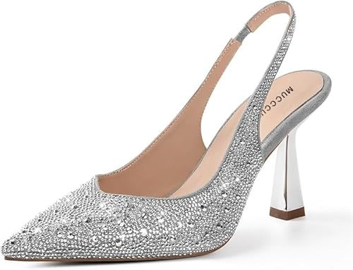 MUCCCUTE Silver Heels for Women Slingback Kitten Heels Closed Toe Glitter Rhinestone Women's Pumps Stiletto Bridal Sandals for Prom Wedding Dating Size 8.5 | Amazon (US)