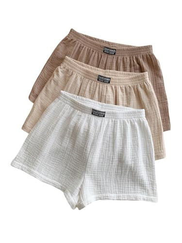 SOLY HUX Women's Summer Shorts 3 Packs Elastic Waist Wide Leg Casual Cotton Shorts Sets Beige White Multi 3X-Large | Amazon (US)