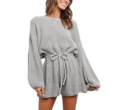Quenteen Women's Loose Fit Knit Playsuit Sweater Elastic Waist Long Lantern Sleeve Sweater Jumpsuit  | Amazon (US)