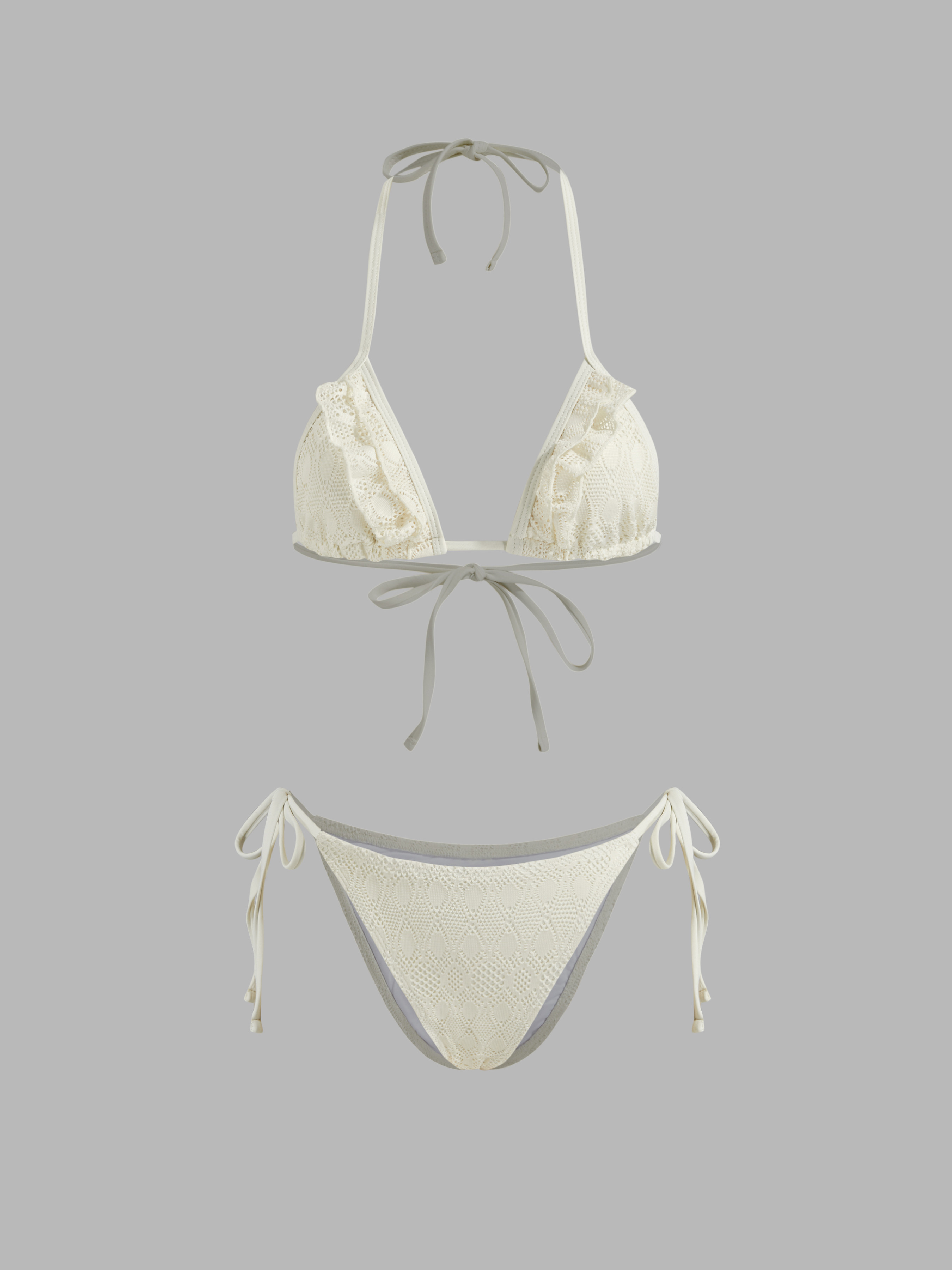 Knit Fabric V-neck Lettuce Trim Triangle Cheeky Bikini Set For Swimming Pool Vacation | Cider