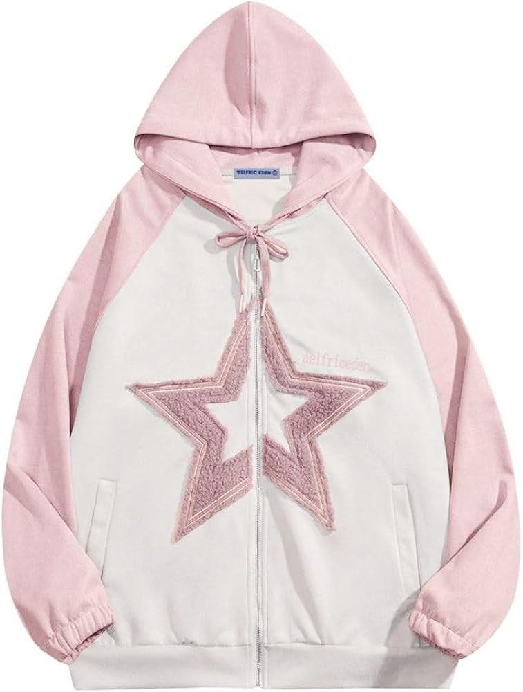 Aelfric Eden Suede Star Patchwork Full Zip Up Hoodie Oversized Graphic Hoodies Y2K Hooded Casual Sweatshirts Jackets | Amazon (US)